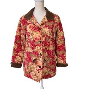 Vintage L.L. Bean Women's Floral Button-Up Barn Chore Coat Corduroy Trim Size M